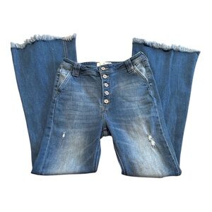 KanCan High Rise Flare Jeans 9 28 Distressed Raw Hem Button Fly Y2K Retro Boho